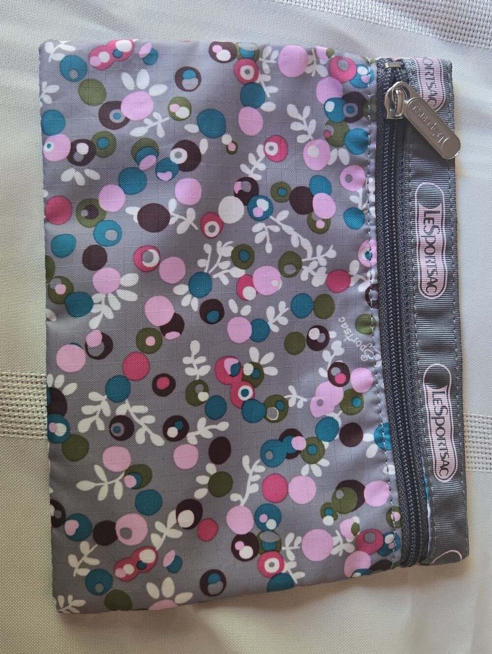 New LeSportsac Gray Floral Dot Zip Pouch